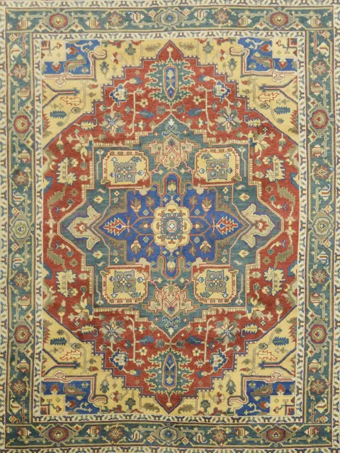 Geometric Red and Blue Heriz Serapi Wool Living Room Rug 9' x 12'