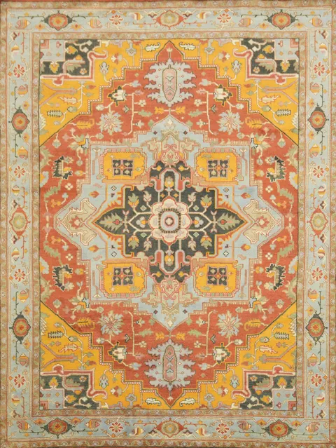 Geometric Mustad and Blue Heriz Serapi Wool Living Room Rug 9' x 12'