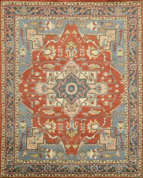 Rust and Blue Heriz Serapi Persian-Style Rug - 8x10 Hand-Knotted Wool