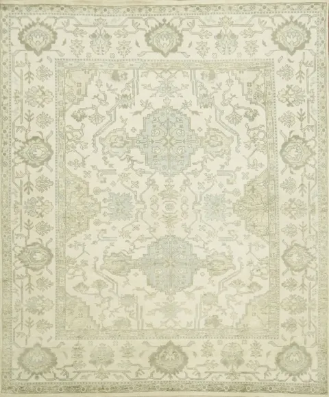 Cream and Green Traditional Oushak Living Room Rug 8'x10'