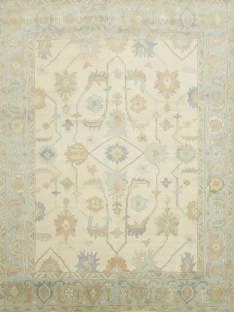Pastel Cream and Blue Traditional Oushak Hand Made Area Rug 9x12