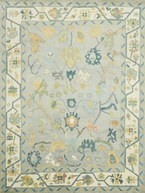 Colorful Botanical Grey Oushak Area Rug with Intricate Floral Patterns 9' x 12'
