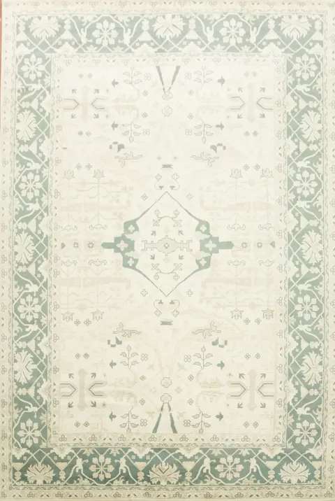 Large 12x18 Traditional Oushak Rug, Hand-Made Teal & Ivory Wool Palace Rug