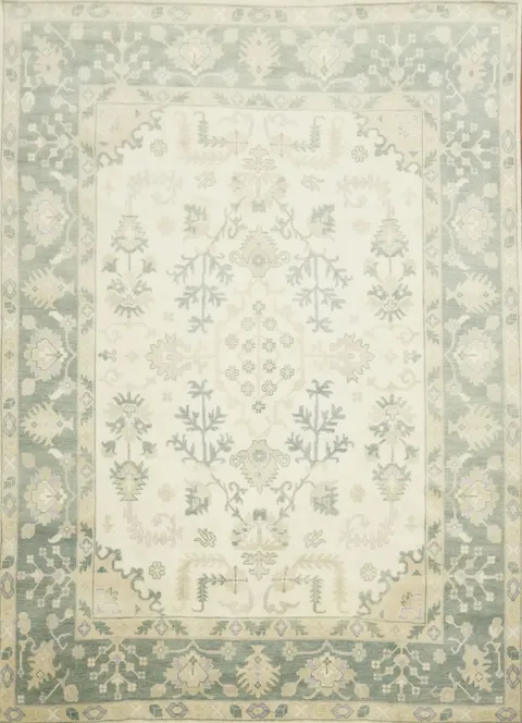 Ivory and Green Traditional Oushak Hand Made Large Rug 10x14
