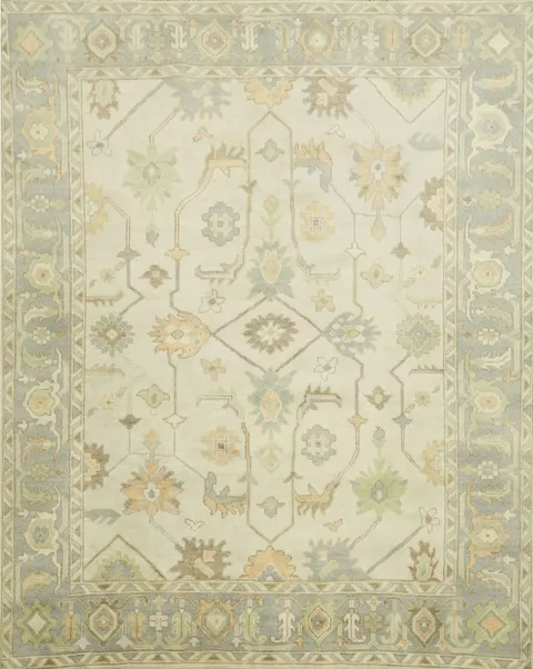 8x10 All-Over Beige and Blue Oushak Indian Rug with Soft Pastel Tones