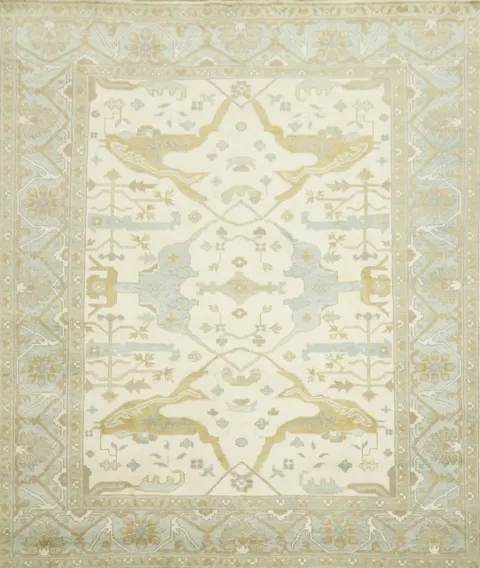 Cream and Blue Traditional Oushak Hand Made Area Rug 8x10