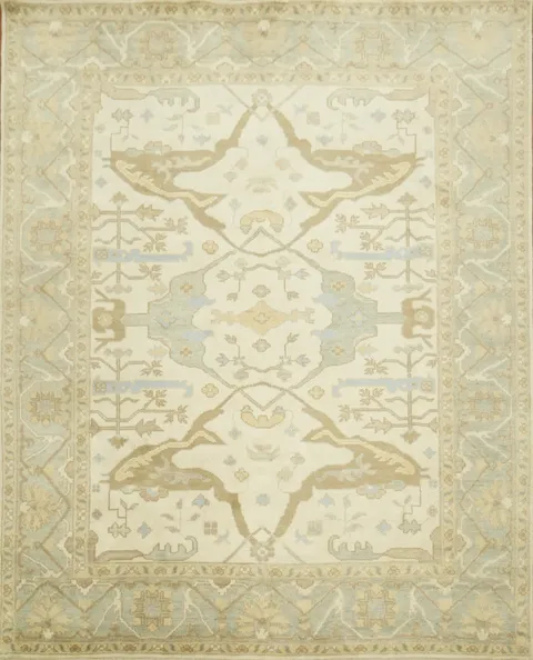 Hand-Knotted 8x10 Traditional Oushak Wool Rug - Beige & Cream