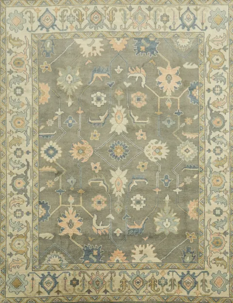 Traditional Beige and Grey Rug with Intricate Botanical Patterns 9x12 ft