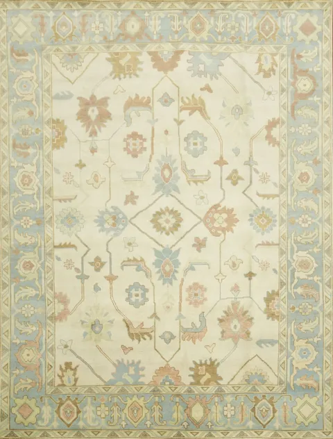 Traditional Ivory and Light Blue Oushak Hand Made Area Rug 9x12