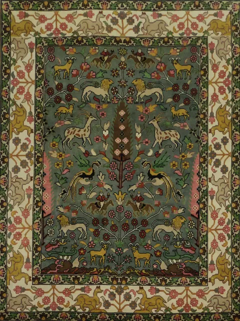 Animal Pictorial Hunting Scene Blue Ziegler Oriental Rug 9x12 Hand-Knotted
