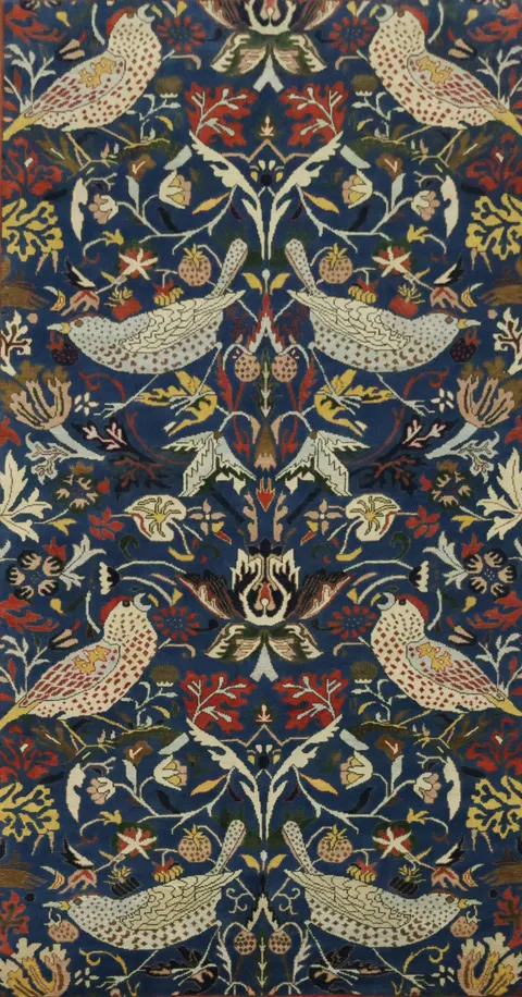 Birds and Trees Navy Blue 8x16 Ziegler Oriental Rug: Large Hand-Knotted Wool