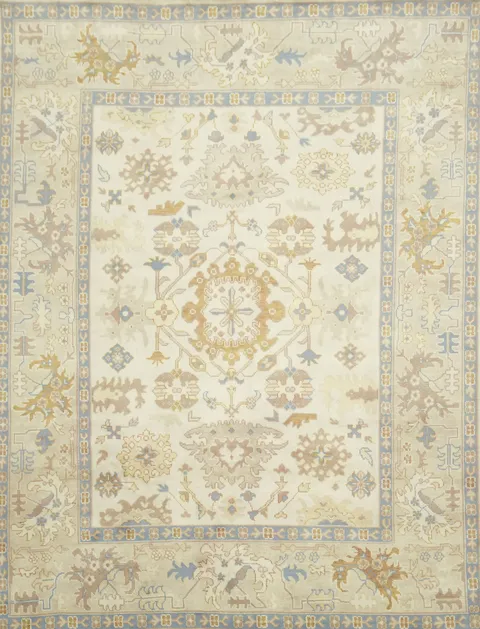 9x12 Hand-Made Oushak Rug - Traditional Geometric Design in Muted Earth Tones