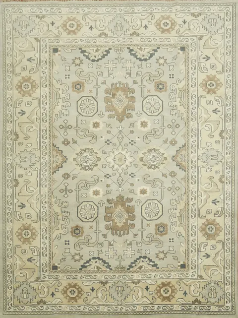 9x12 Beige & Light Blue Oushak Traditional Geometric Rug in Muted Earth Tones