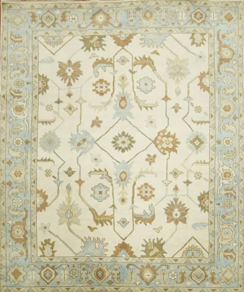 Oushak Hand-Knotted Wool Rug - Traditional 8x10 Cream and Blue