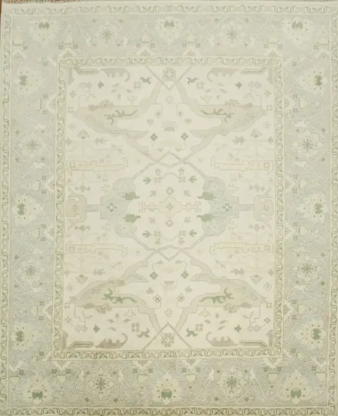 Cream and Blue Soft-Toned Oushak Hand-Knotted Wool Rug 8x10