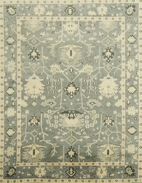 Elegant Blue and Beige Oushak Hand-Knotted Wool Living Room Rug 9'x12'