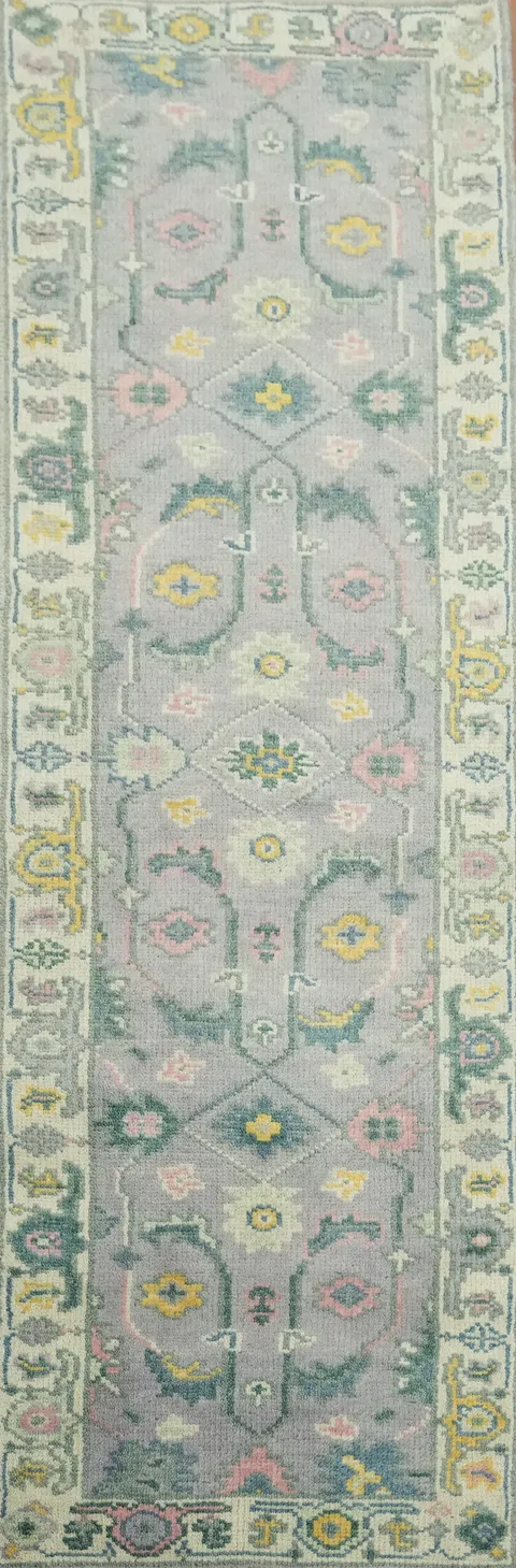 Light Lavender Traditional Oushak Hand-Knotted Wool Runner Rug - 3x8