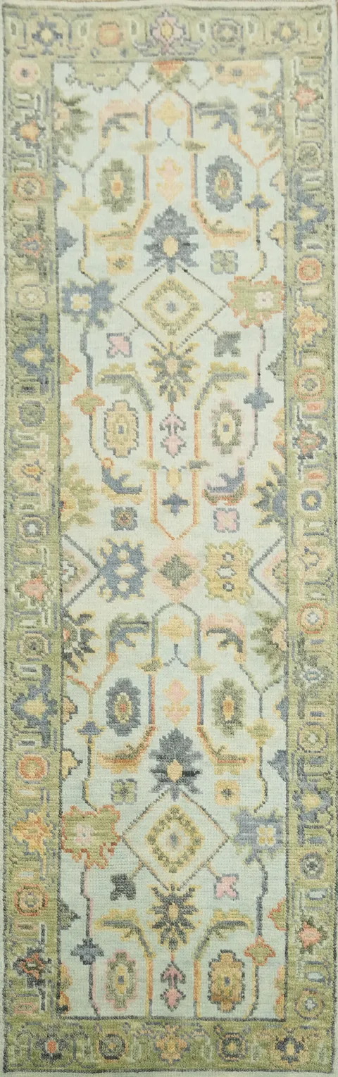 Light Blue and Green Traditional Oushak Hand-Knotted Wool Runner Rug - 2'x8'