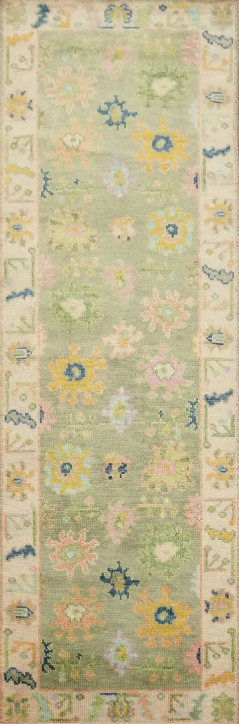 Traditional Oushak Hand-Knotted Wool Runner Rug - 3x8, Green/Ivory