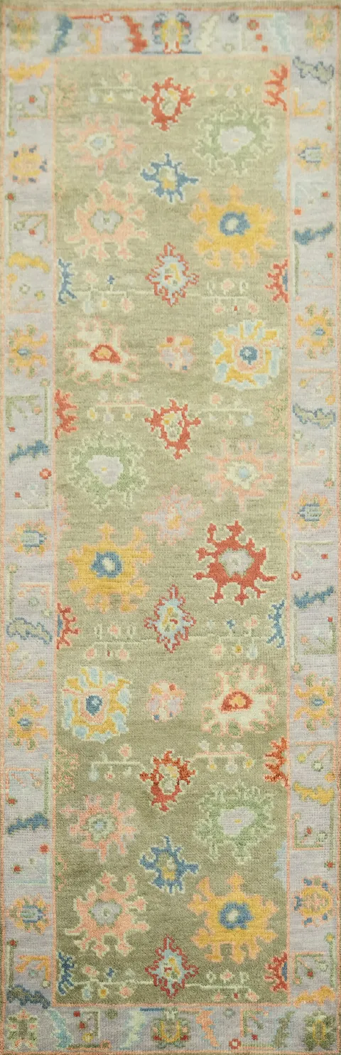 Traditional Oushak Hand-Knotted Wool Runner Rug - 3x8, Green/Ivory