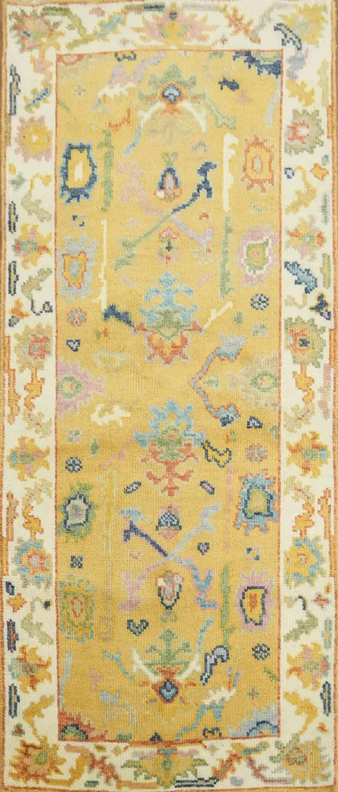 Vibrant Abstract Yellow Oushak Runner Rug 6' 1'' x 2' 7''
