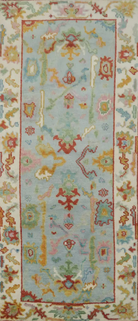 Light Blue Traditional Oushak Hand Made Wool Runner Rug  6' 0'' x 2' 7''