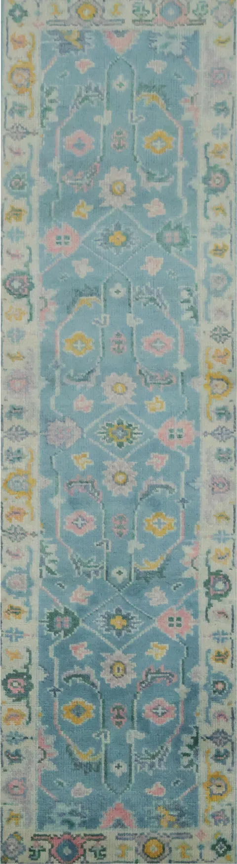 Light Blue and Pink Traditional Oushak Hand-Knotted Wool Runner Rug 7' 11'' X 2' 2''