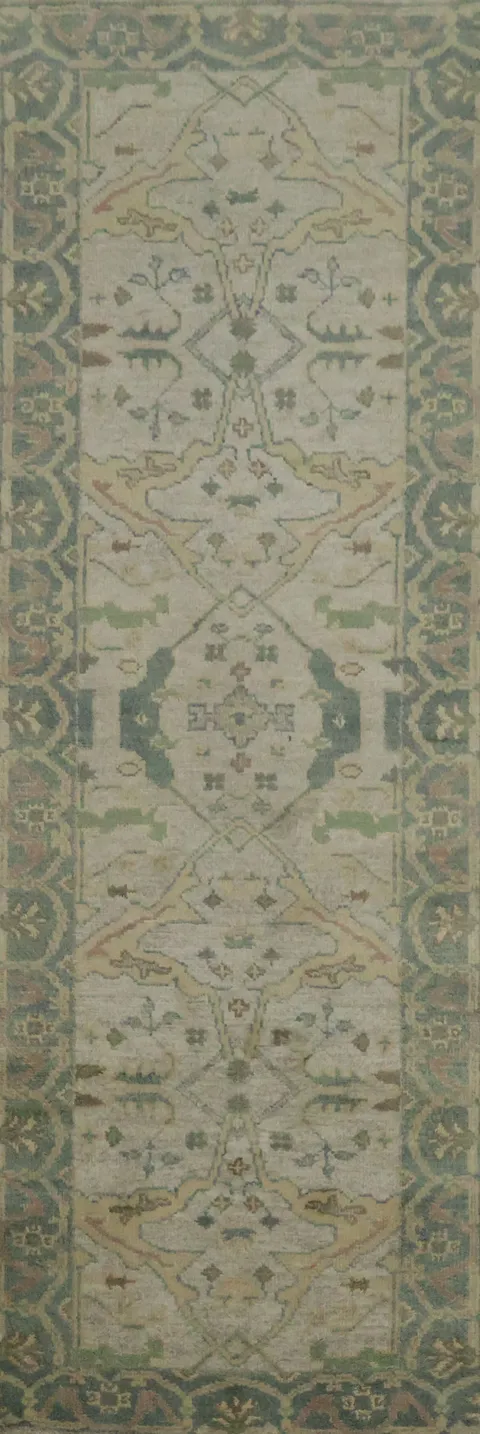Grey Teal and Beige Runner Rug with Traditional Motifs 7' 9'' X 2' 7''