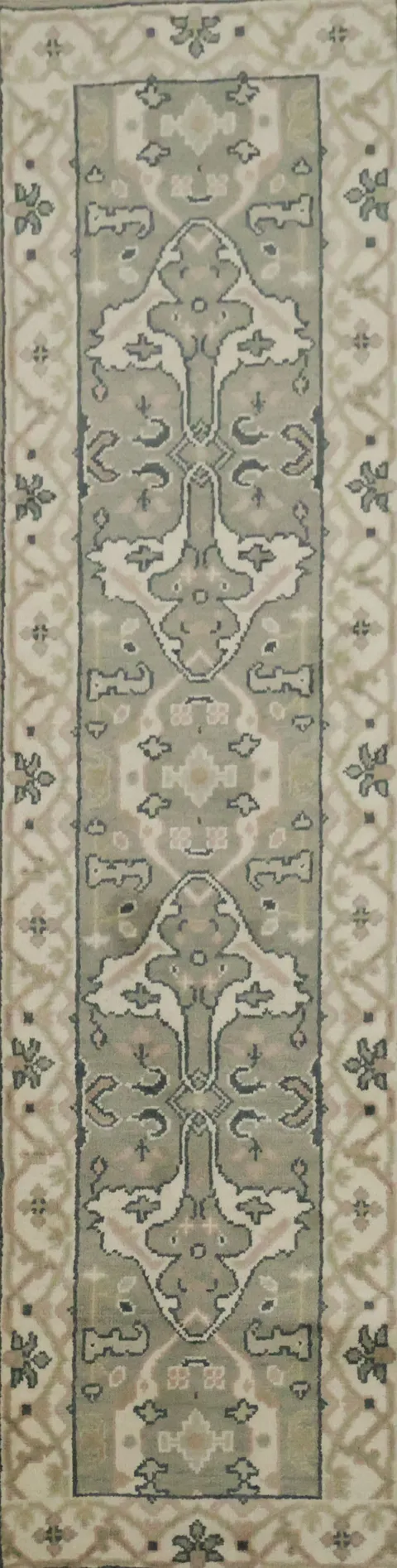 Classic Sage and Ivory Oushak Runner Rug Perfect for Long Corridors 9' 10'' X 2' 6''