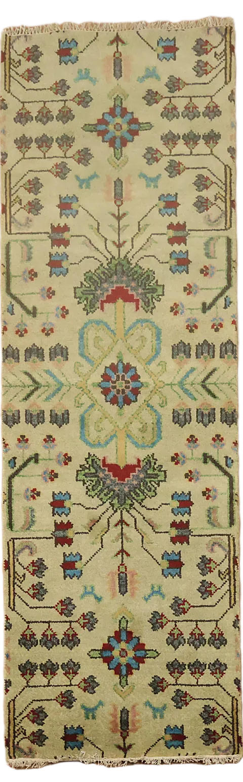Charming Geometric Cream Hand-Knotted Runner Rug 2x8 ft