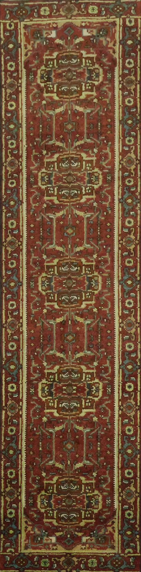 Heriz Serapi Traditional Red and Green Hallway Runner Rug 10' 1'' X 2' 6''
