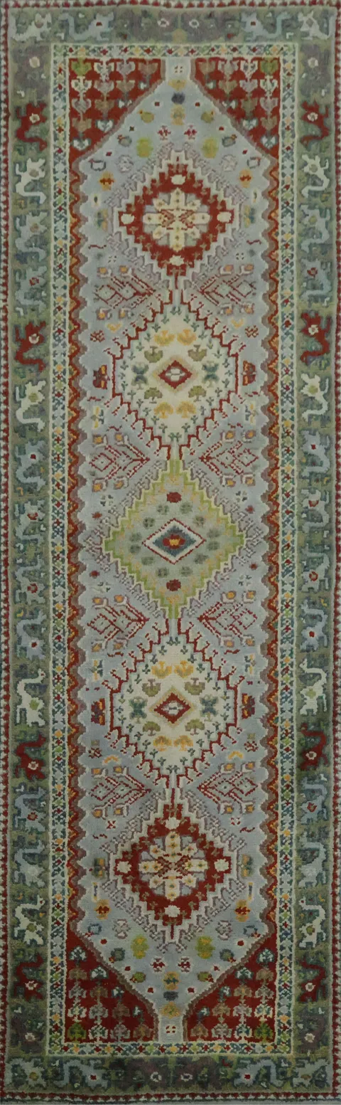 Geometric Tribal Light Blue and Green Viss Oriental Runner Rug 8' 1'' X 2' 6''