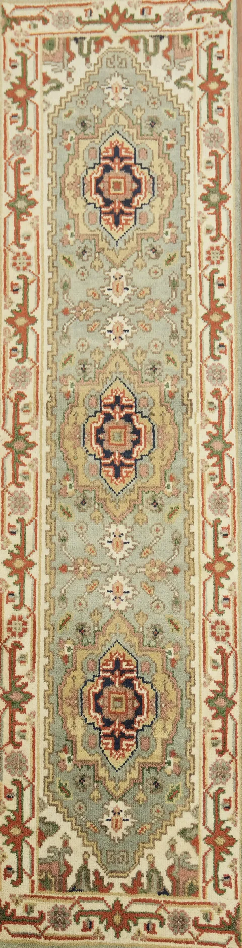 8 ft Sea-Foam Green Heriz Serapi Hallway Runner Rug  Wool 7' 9'' X 2' 5''
