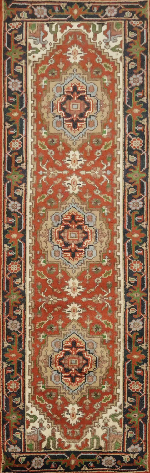 8 ft Red Runner Hand-Knotted Heriz Serapi Hallway Rug  Wool 7' 10'' X 2' 6''