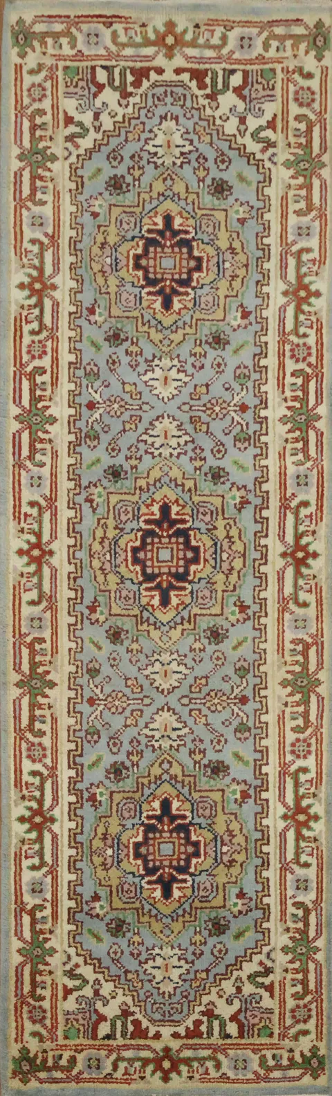 8 ft Runner Light Blue Hand-Knotted Heriz Serapi Runner Rug  Wool 8' 3'' X 2' 6''