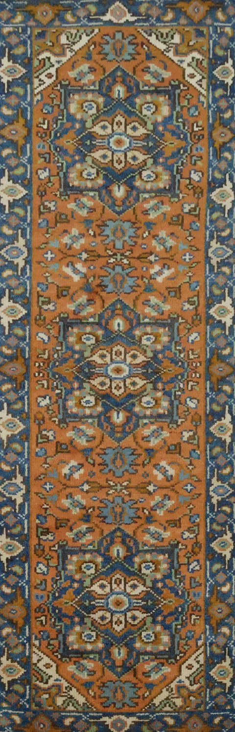 Rust and Blue Hand-Knotted Heriz Serapi Runner Rug - 3x8