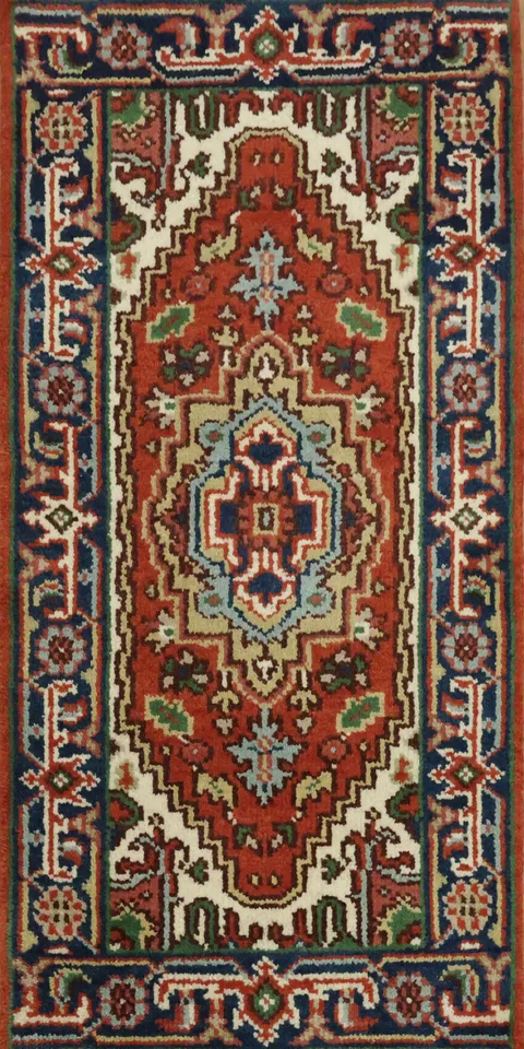 2'x4' Red and Navy Carpet Heriz Serapi Persian-Style Rug | Hand-Knotted Wool