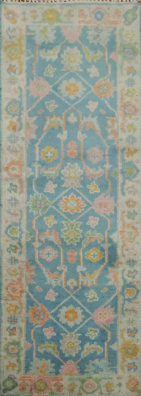 Soft Blue and Pink Ornate Oushak Runner Rug 6' 1'' X 2' 2''