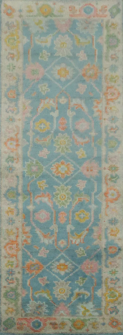 Serene Blue and Pink Floral Runner Rug 2x6