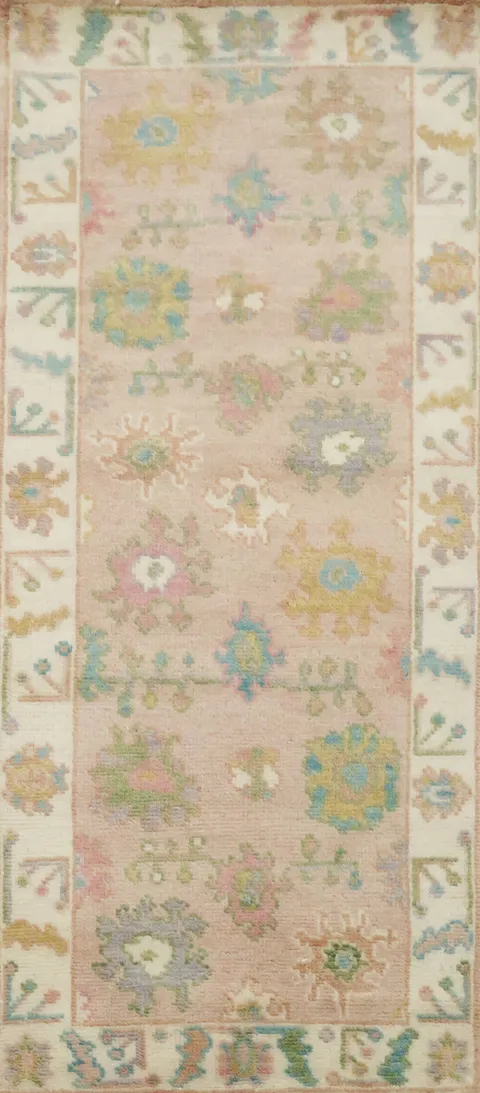 3'x6' Sof-Toned Pink Oushak Pastel Rug with Floral Motifs 5' 11'' x 2' 7''