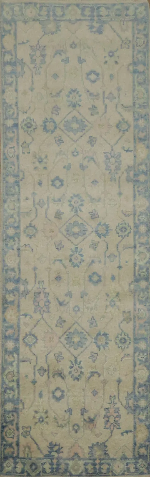 Artisan Runner Rug with Blue and Beige Traditional Motifs 3x8