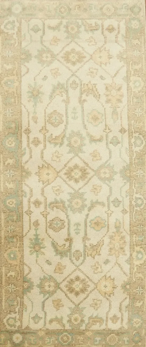 Timeless pastel tone Oushak Hand-Knotted Wool Runner Rug 5' 11'' X 2' 6''