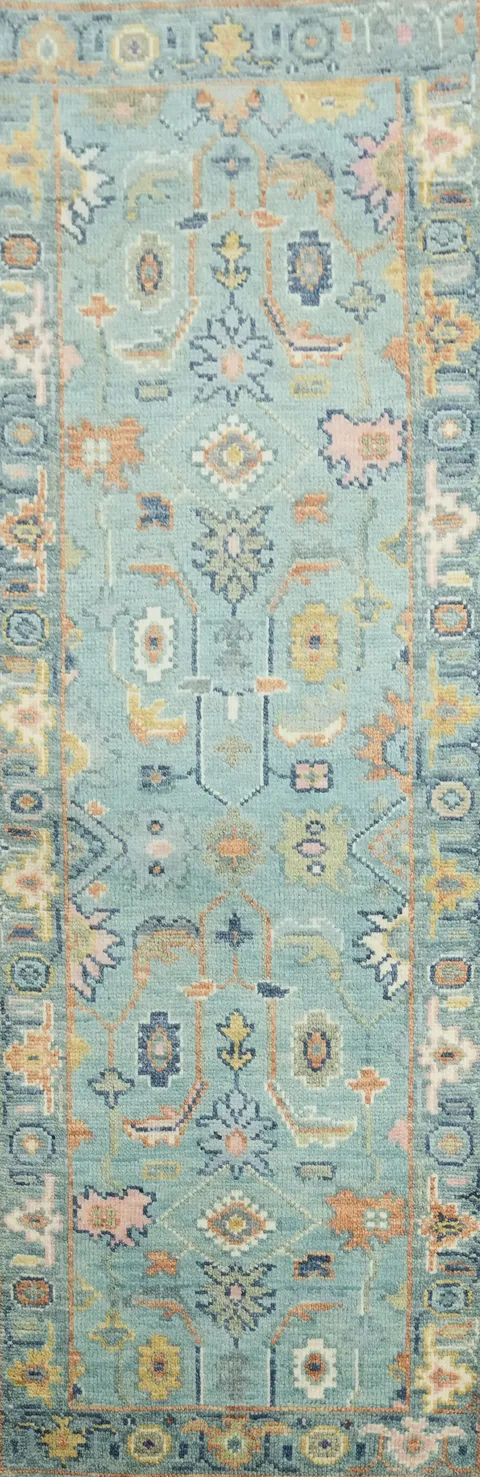Aqua Blue Traditional Oushak Hand Made Runner Rug 7' 8'' X 2' 6''