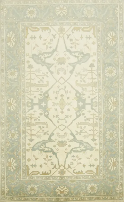 6'x10' Blue and Ivory Patterned Oushak Rug for Cozy Ambience