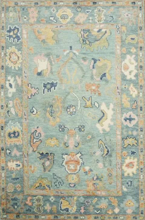 Elegant Turquoise Rug with Abstract Botanical Patterns 4x6 ft