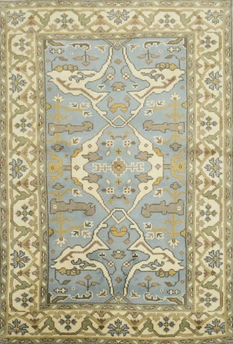 Richly Detailed Beige and Blue Traditional Rug 4x6