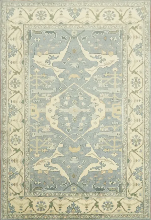 light Blue and Ivory Traditional Oushak Hand Made Area Rug 6x9