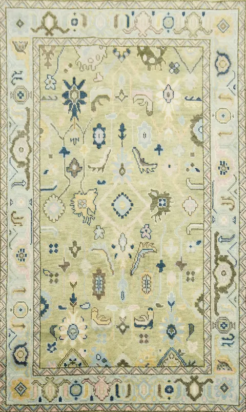 Sage Green All-Over Oushak Hand-Knotted Wool Area Rug 6'x9'