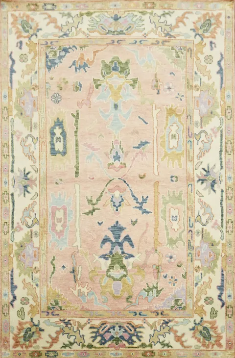 6'x9' Soft Pastel Toned Pink Oushak Hand-Knotted Wool Area Rug