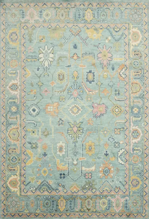Luxurious 6'x9' Hand-Knotted Oushak Area Rug with Soft Floral Design in Blue